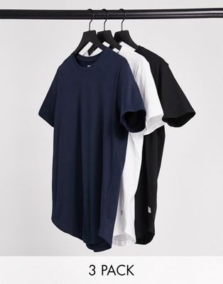 Homme Jack & Jones Originals - Lot de 3 t-shirts long à ourlet arrondi - Blanc/bleu marine/noir