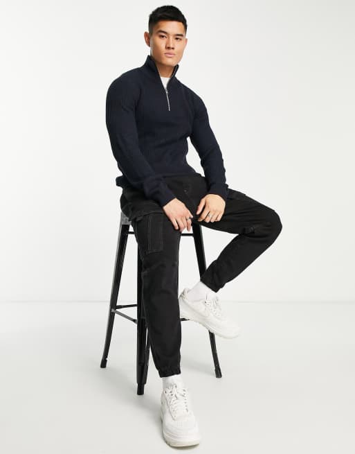 Jack & Jones Originals - Maglione blu navy a coste con zip corta , 3 di 4