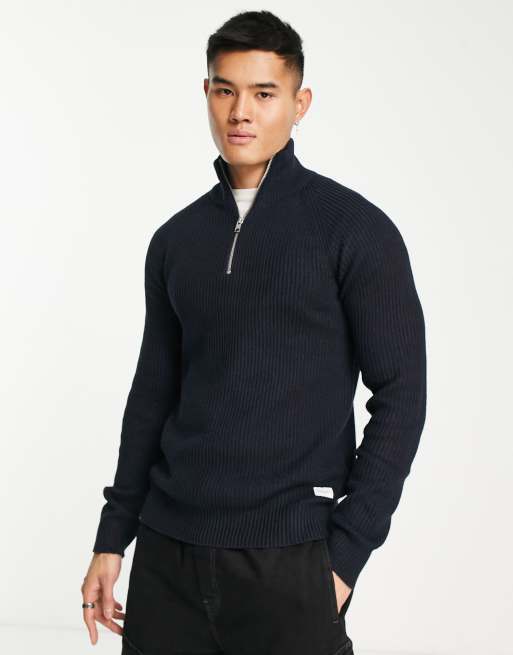 Jack & Jones Originals - Maglione blu navy a coste con zip corta , 4 di 4