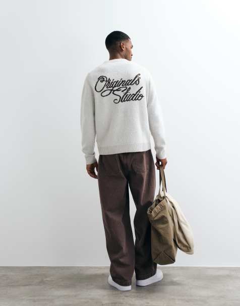 Jack & Jones Originals maglione jacquard con stampa grafica sul retro in grigio chiaro - view 1