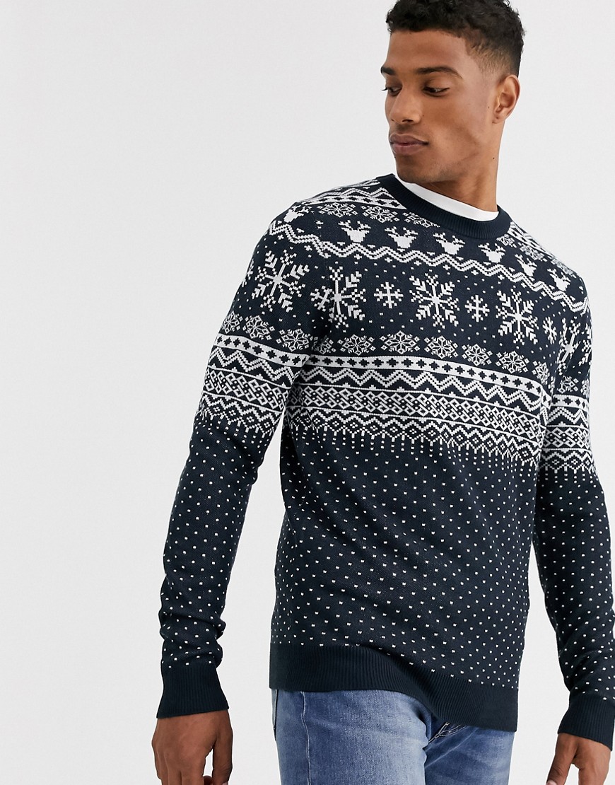Jack & Jones originals - maglione lavorato natalizio con motivo fair isle blu navy