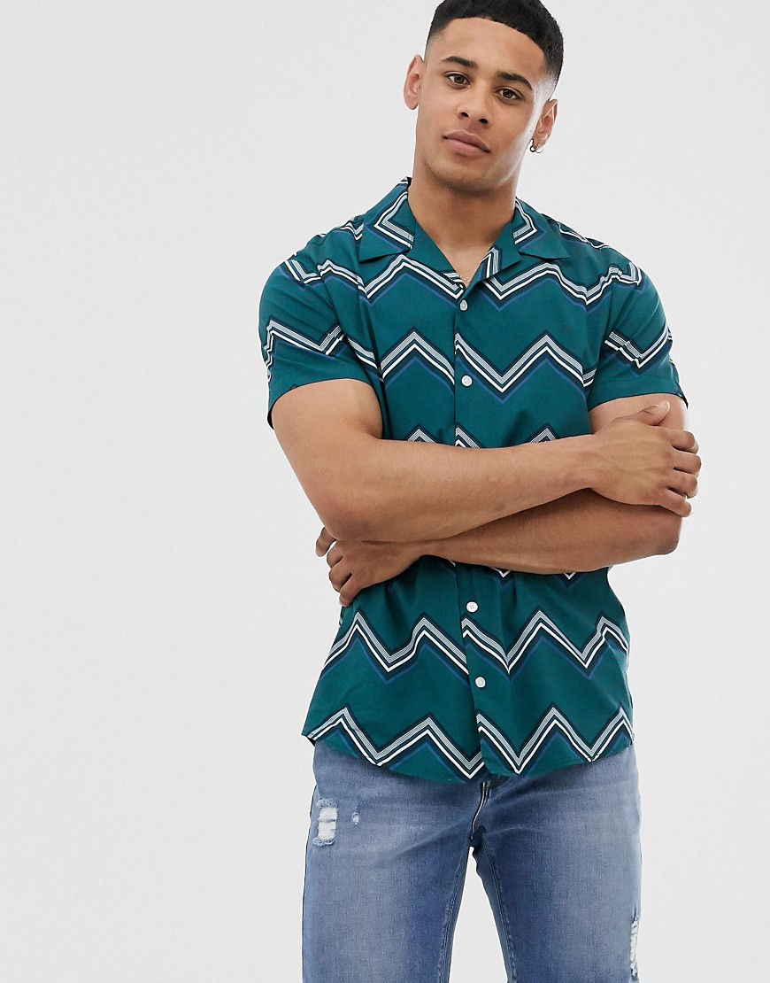 Jack & Jones – Originals – Marinblå mönstrad skjorta med platt krage och kort ärm-Grön