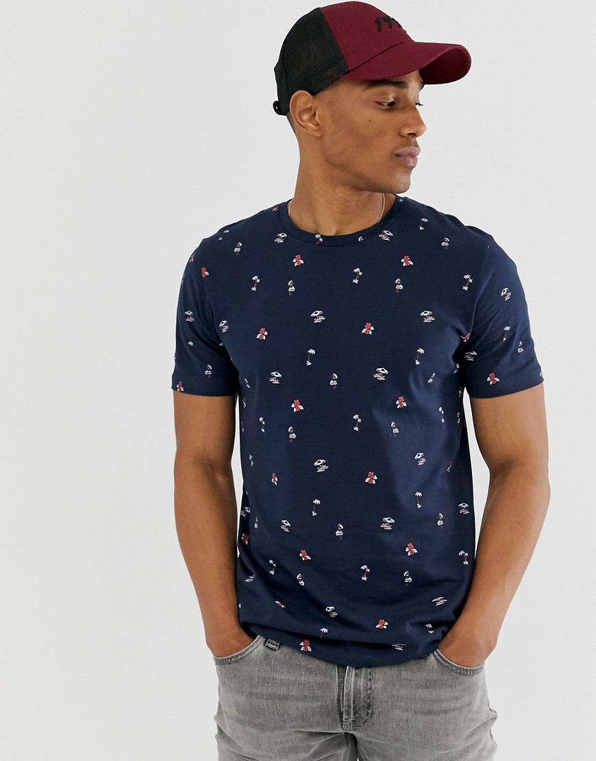 Jack & Jones – Originals – Marinblå t-shirt med heltäckande mönster