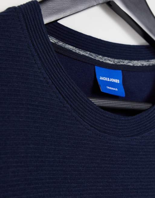 Jack & Jones – Originals – Marinblå t-shirt med textur, del av set, 4 av 4