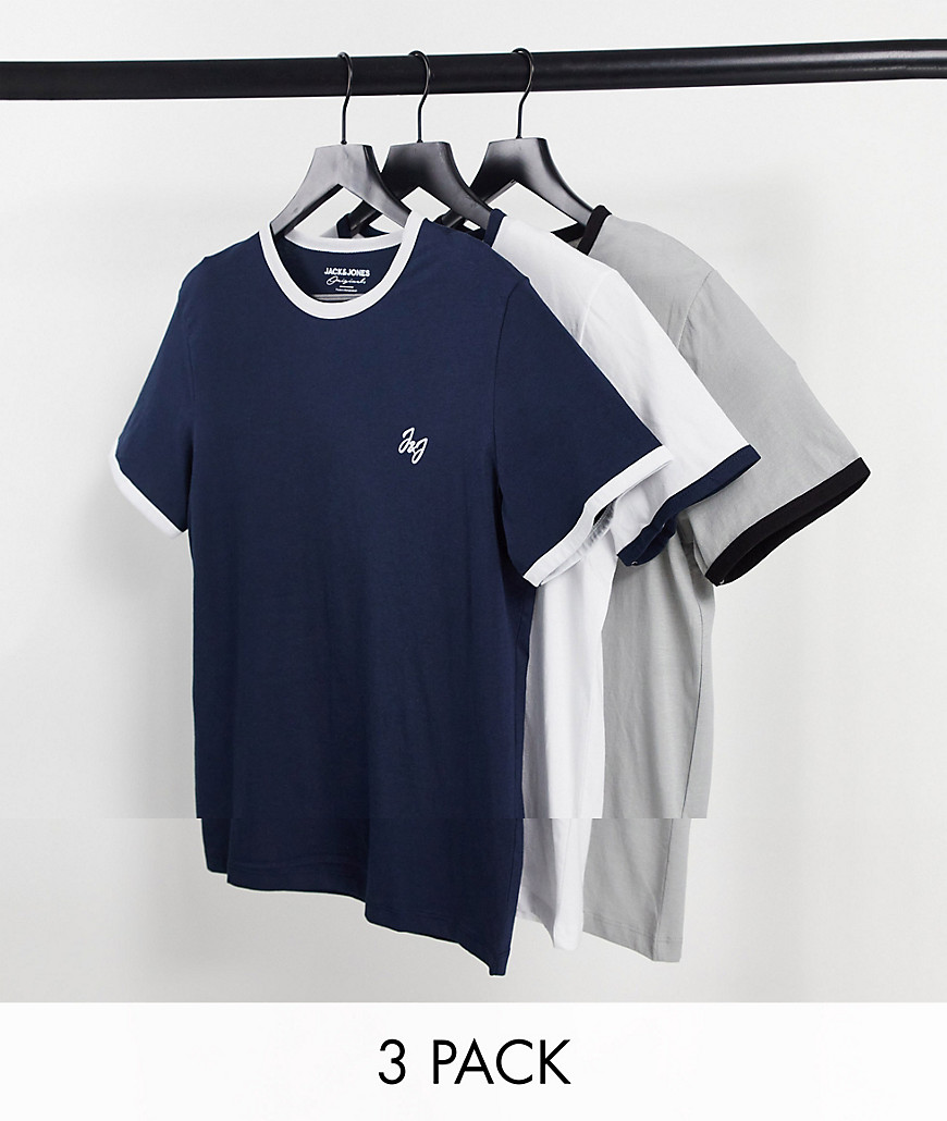 Jack & Jones – Originals – Marinblå, vit och grå t-shirt med rund halsringning och logga, 3-pack-Olika färger