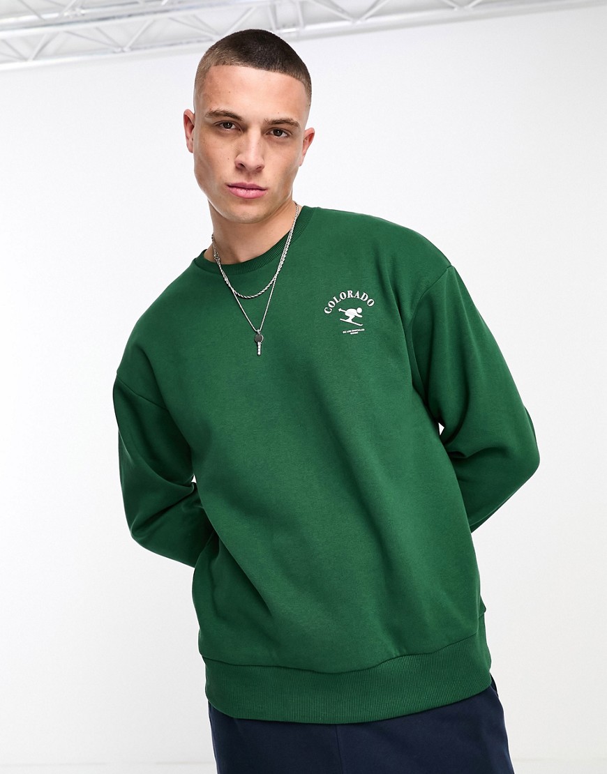 jack & jones - originals - mörkgrön sweatshirt i oversize-modell med skidåkningstryck baktill-grön/a