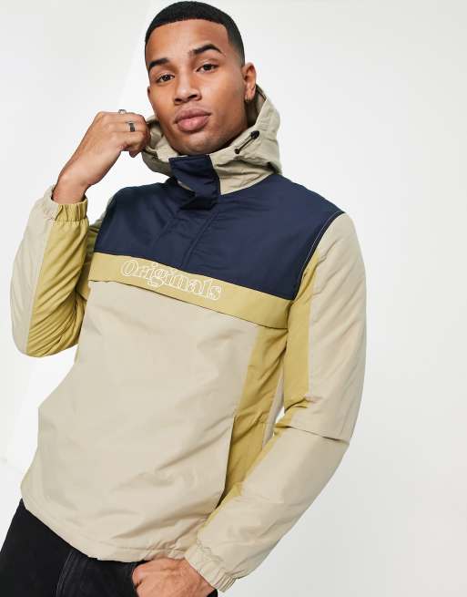 Jack & Jones Originals overhead color block windbreaker in beige & gray