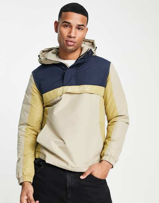 Jack & Jones Originals overhead color block windbreaker in beige & gray