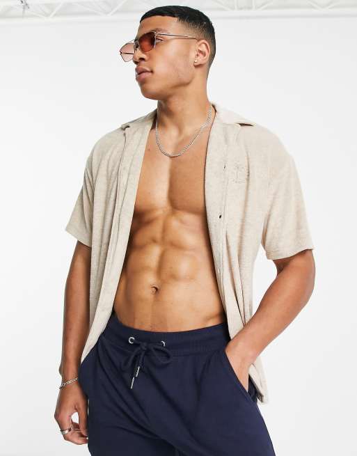 Jack & Jones - Originals - Overhemd van badstof met reverskraag en korte mouwen in zandkleur