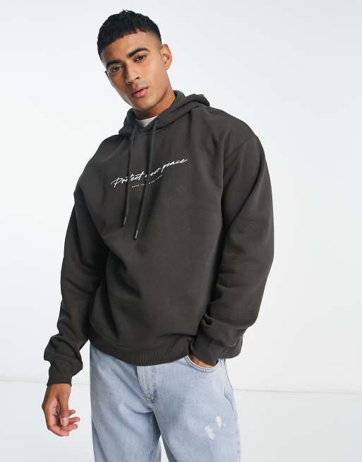 Jack & Jones Originals – Oversize-Kapuzenpullover in Dunkelgrau mit „Peace“-Print