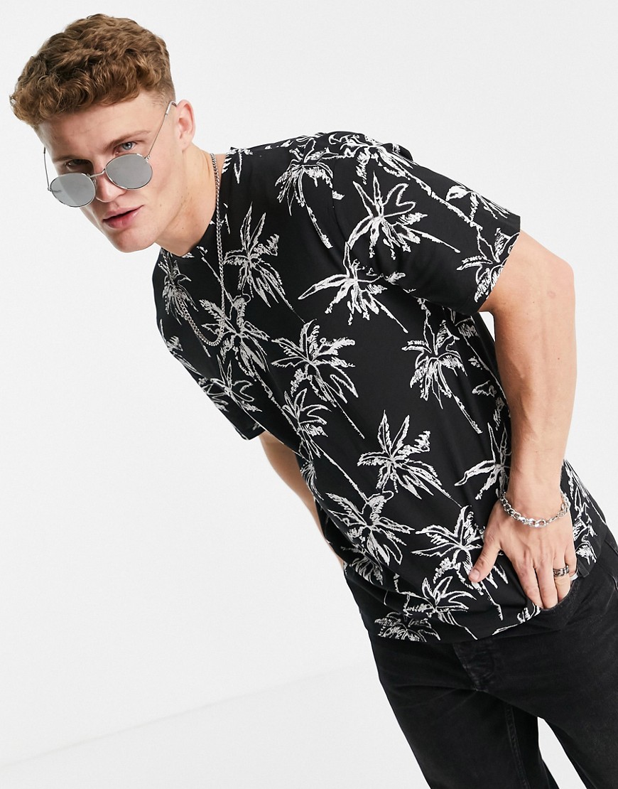Jack & Jones Originals oversize t-shirt in all over black palm print