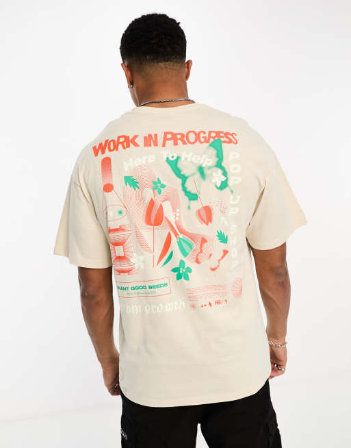 Jack & Jones Originals – Oversize-T-Shirt in Beige mit „Progress“-Rückenprint