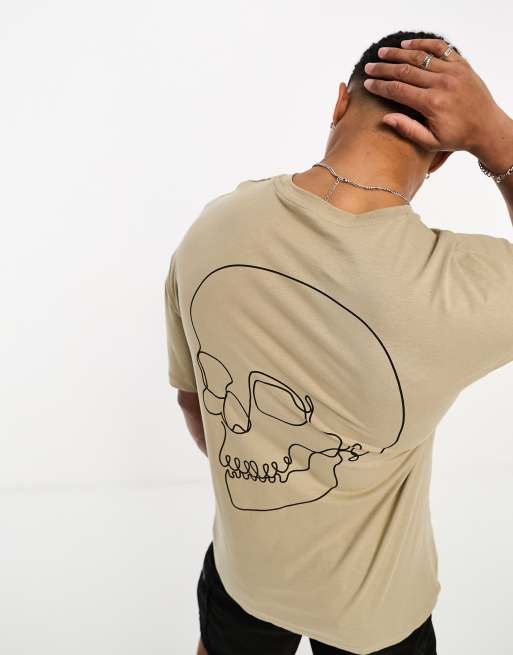 Jack & Jones Originals – Oversize-T-Shirt in Beige mit Totenkopf-Print auf dem Rücken