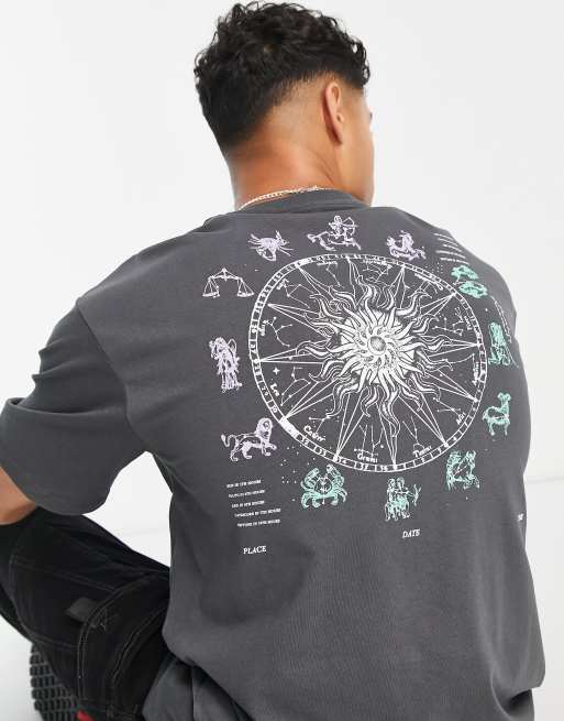 Jack & Jones – Originals – Oversize-T-Shirt in Grau mit Horoskop-Rückenprint