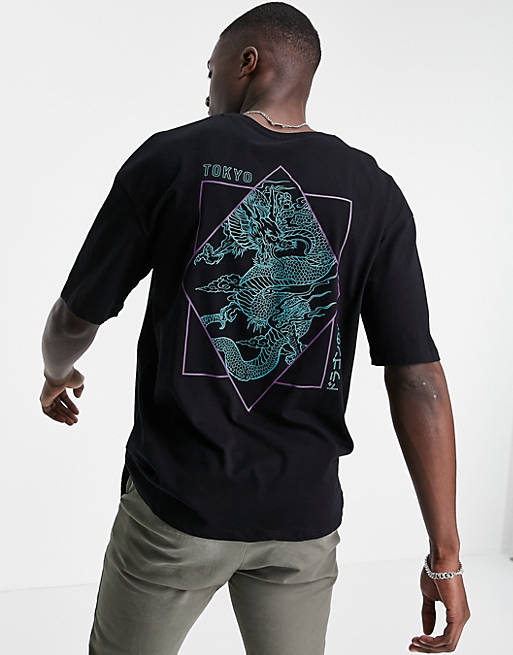 Jack & Jones Originals oversize t-shirt with fluro dragon back print in black