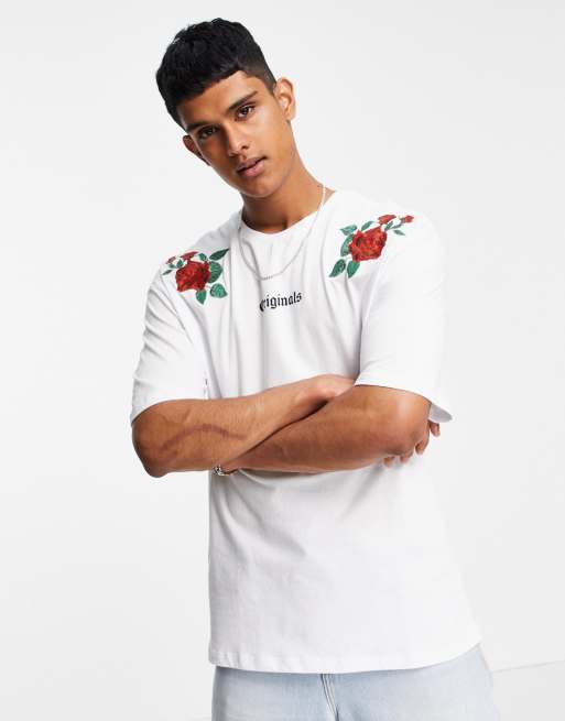 Jack & Jones Originals oversize t-shirt with rose embroidery in white