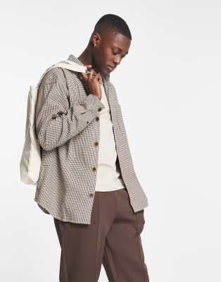 Jack & Jones Originals oversized brushed houndstooth overshirt in brown-Neutral