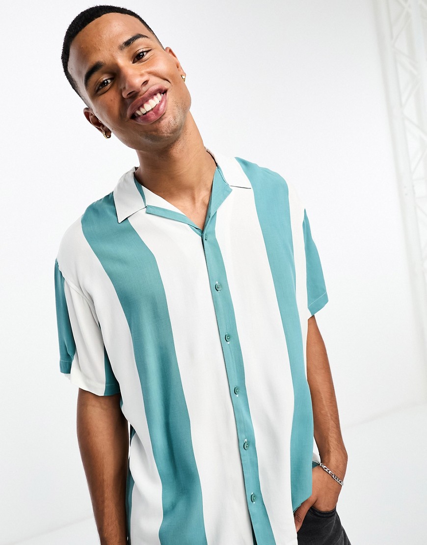 Jack & Jones Originals Oversized Camp Collar Shirt In Green Stripe-white