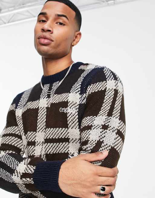 Jack & Jones Originals oversized check sweater in navy & brown 