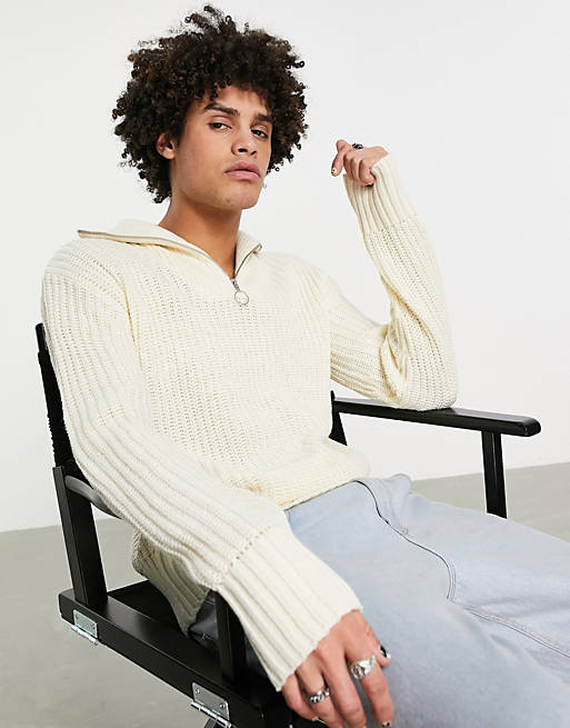 Jack & Jones Originals oversized chunky knit 1/4 zip jumper in off white
