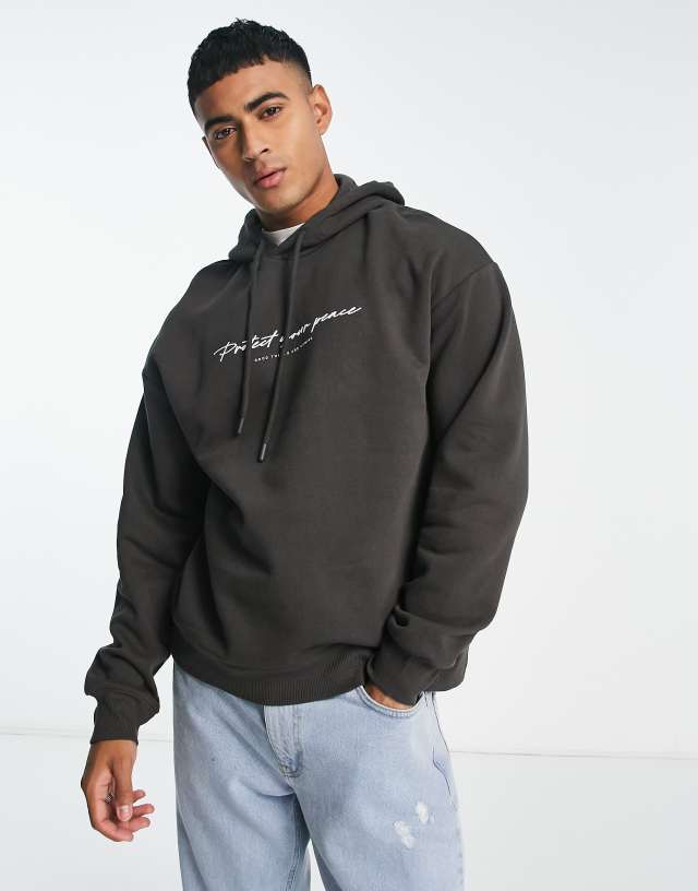 Jack & Jones Originals oversized hoodie with peace print in dark gray