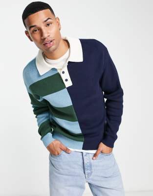 Jack & Jones Originals oversized knit rugby shirt in stripe splice-Navy