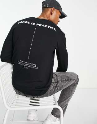 Jack & Jones Originals oversized long sleeve t-shirt with peace back print in black