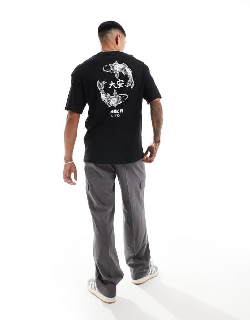 Jack & Jones - Originals - Oversized og sort T-shirt med karpeprint bagpå