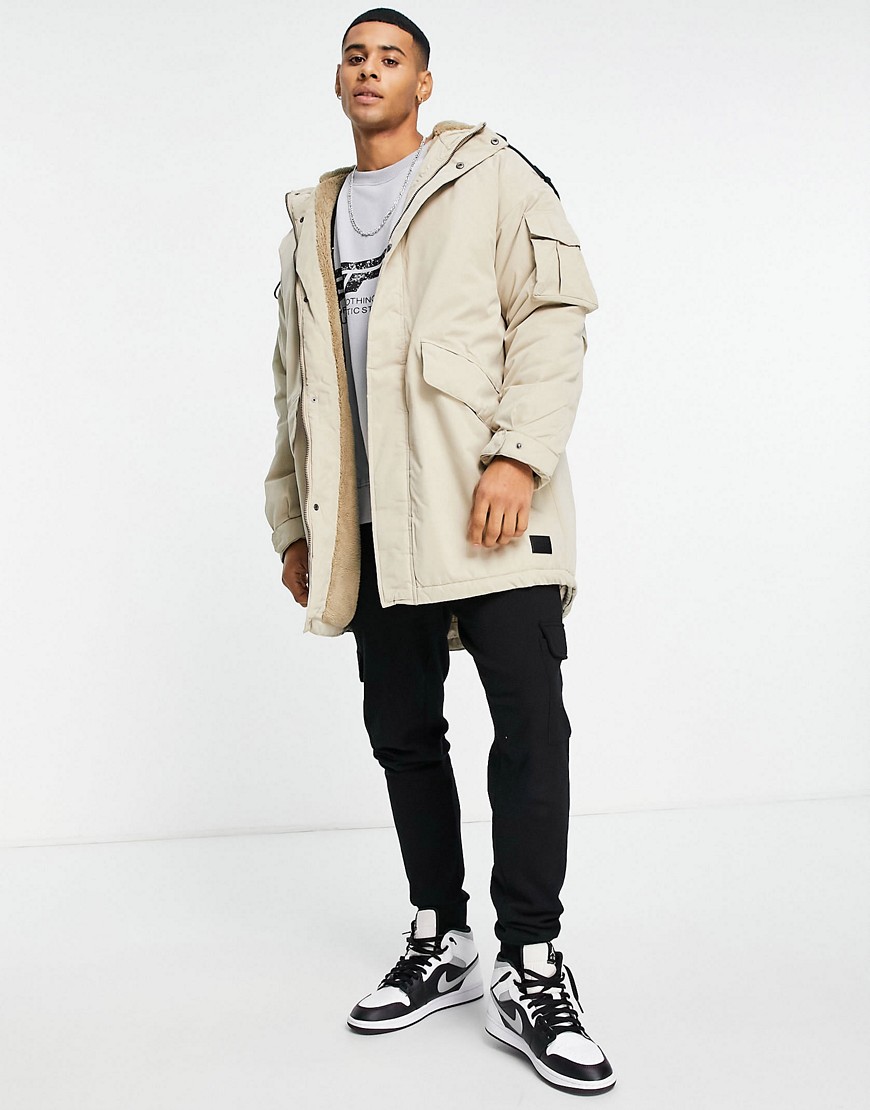 Jack & Jones Originals oversized parka jacket with pockets in beige-Neutral