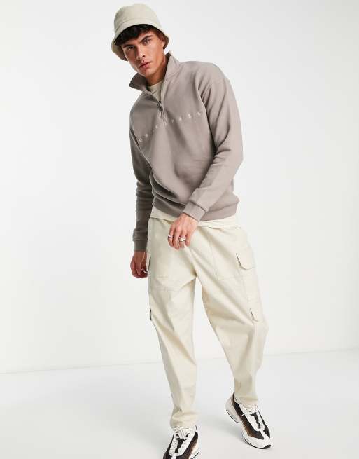 Jack & Jones Originals oversized quarter zip sweatshirt with embroidery in beige, 4 of 4