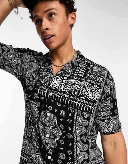 black bandana dress shirt Black Paisley Men Button Down Shirt, Bandana Floral Short Sleeve Casual Print Buttoned Up Collar Plus Size Beach Casual Dress Shirt 4XL