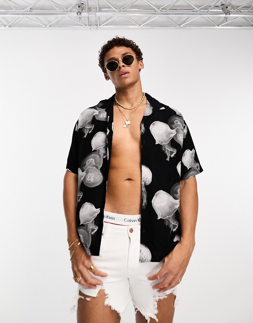 Jack & Jones Originals oversized revere collar shirt in black jellyfish print