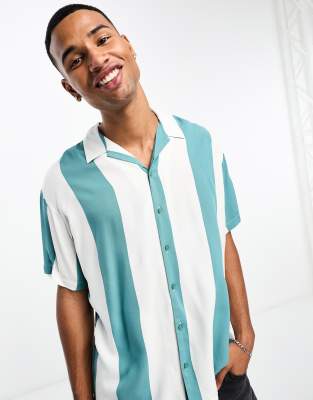 Jack & Jones Originals oversized revere collar shirt in green stripe | ASOS