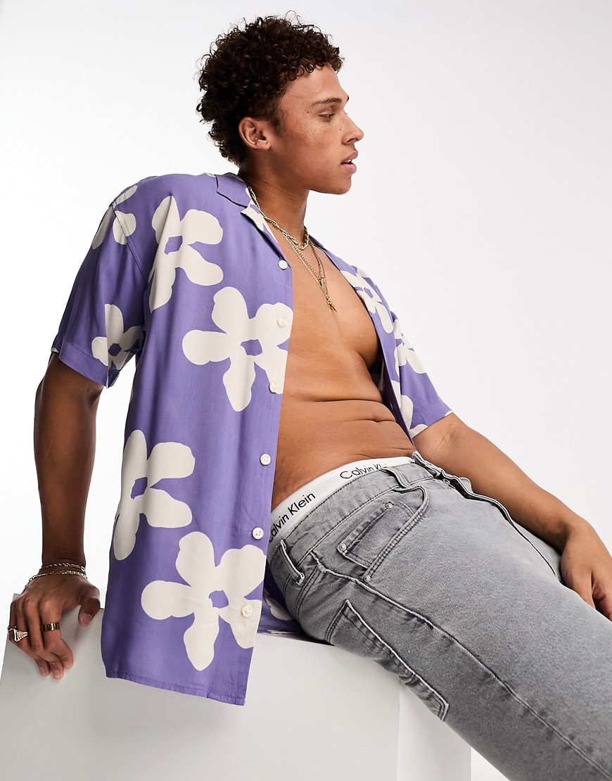 Jack & Jones Originals oversized revere collar shirt in lilac floral print-Purple