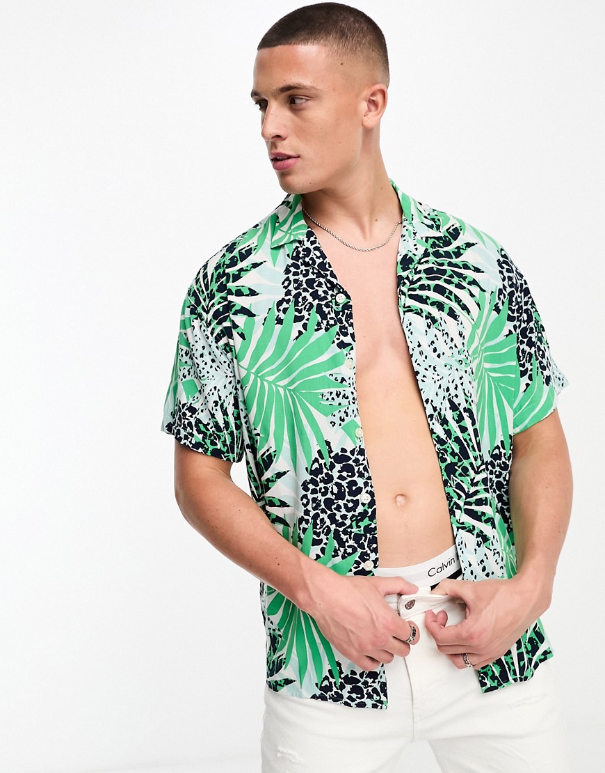 Jack & Jones Originals oversized revere collar shirt in multi palm print-Neutral