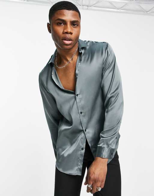 Jack & Jones Originals oversized satin shirt in gray | ASOS