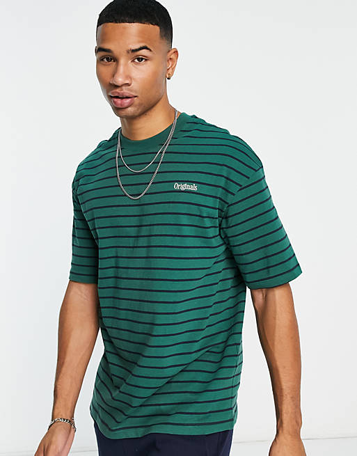 Jack & Jones Originals oversized stripe T-shirt with chest embroidery in  green | ASOS