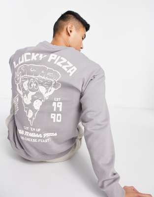 Jack & Jones Originals oversized sweat with pizza back print in light gray-Black