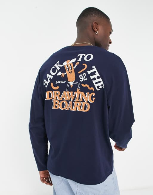 Jack & Jones Originals - Oversized T-shirt med lange ærmer og print på ryggen i marineblå