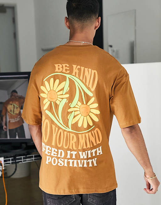 Jack & Jones Originals - Oversized T-shirt met 'Be Kind'-print op de rug in bruin