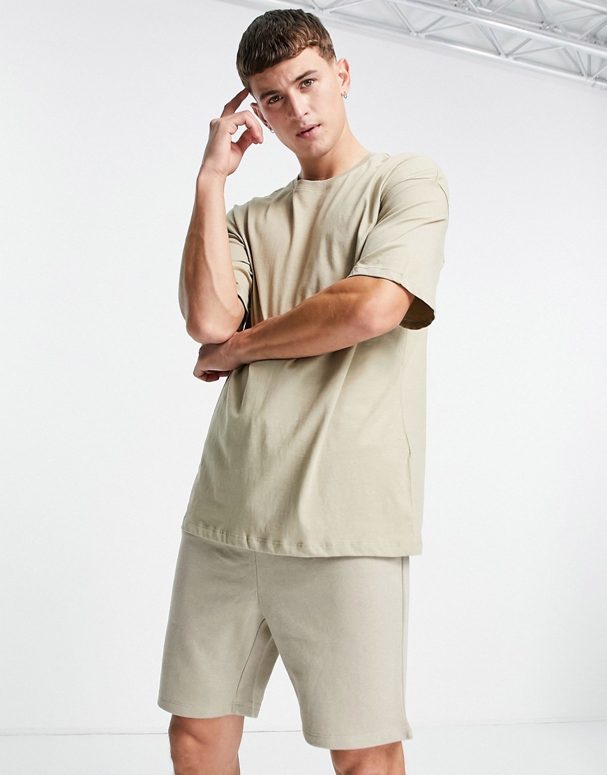 Jack & Jones Originals oversized T-shirt & shorts set in beige-Neutral