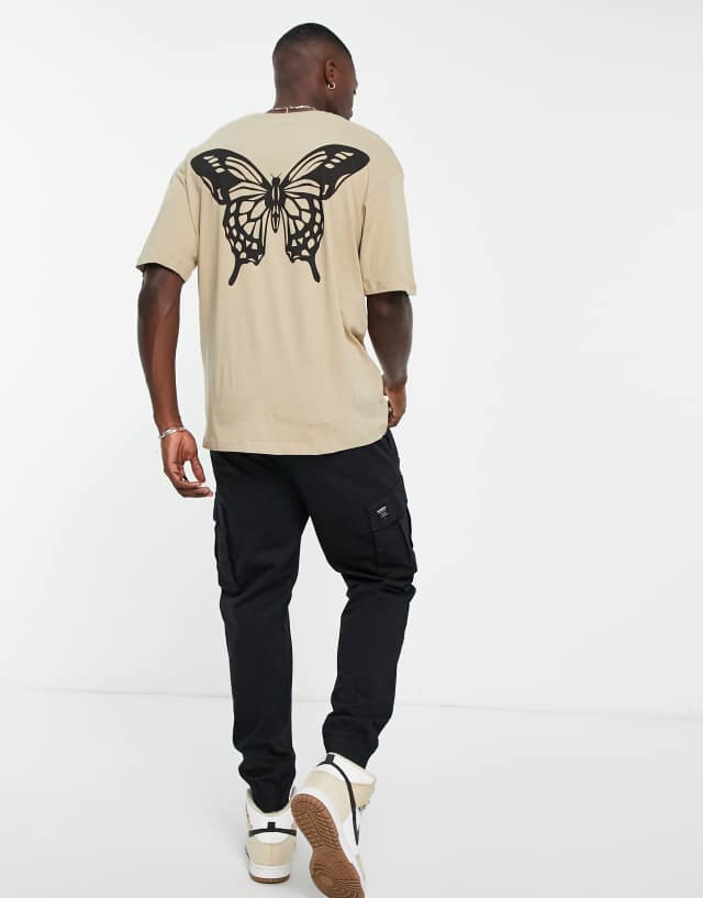 Jack & Jones Originals oversized t-shirt with butterfly back print in beige