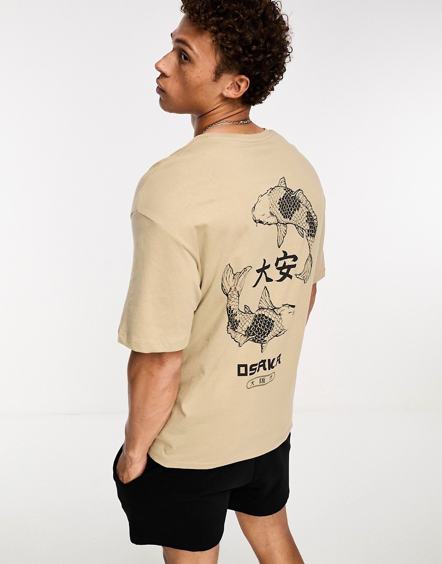 Jack & Jones Originals oversized T-shirt with Carp back print in crockery-Neutral