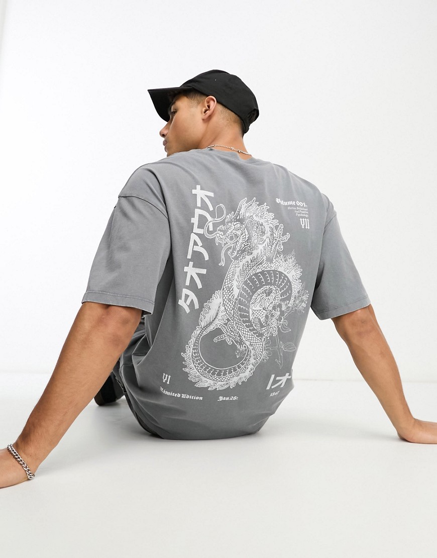 Jack & Jones Originals oversized t-shirt with dragon back print in washed light gray
