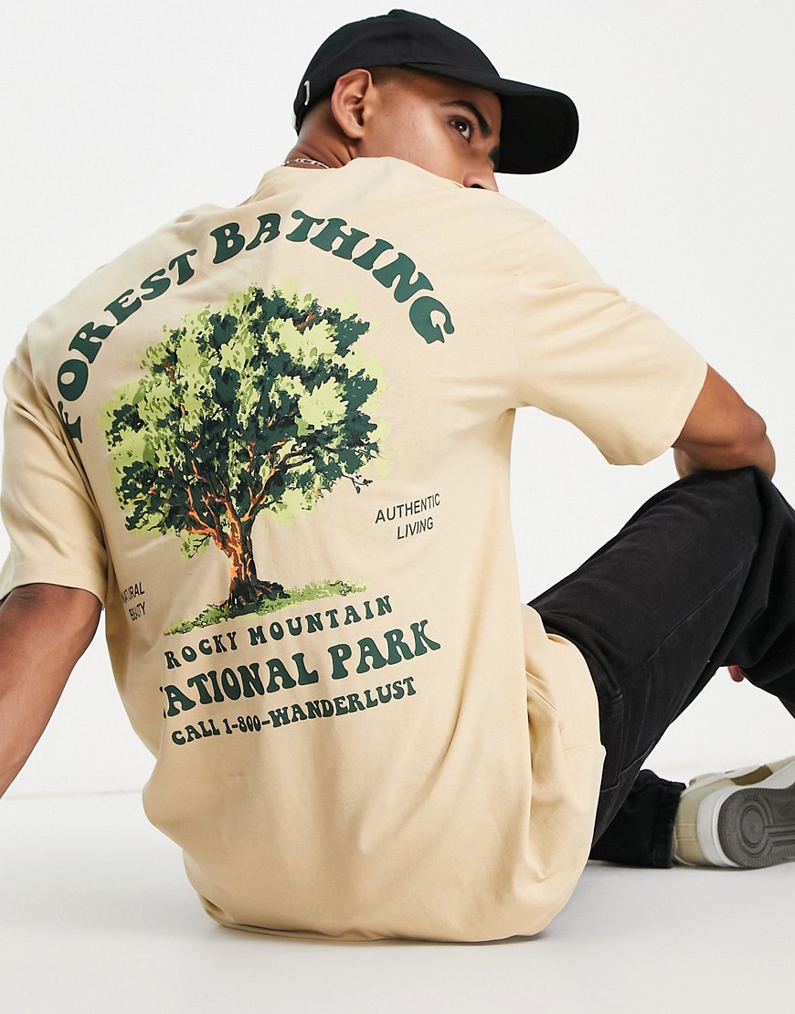 Jack & Jones Originals oversized T-shirt with forest back print in beige-Neutral