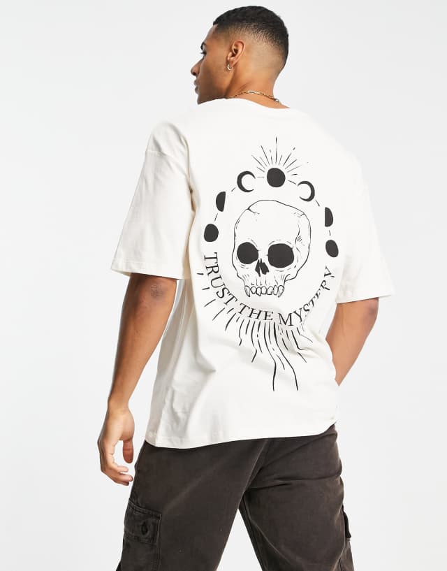 Jack & Jones Originals oversized T-shirt with skull back print in beige