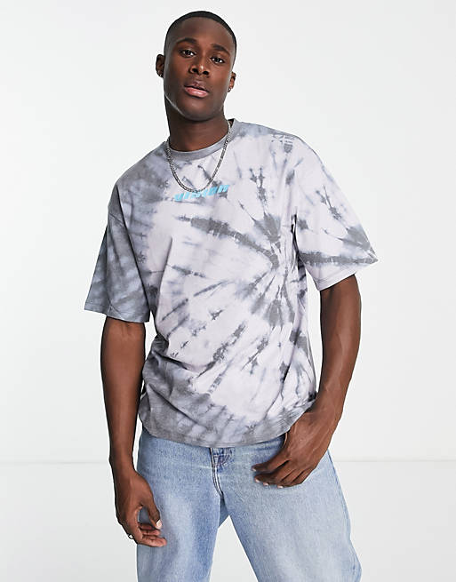 Men Jack & Jones Originals oversized t-shirt with visions back print in grey tie dye 