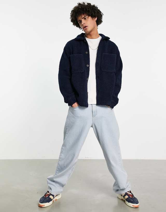 Jack & Jones Originals oversized teddy borg shacket in navy