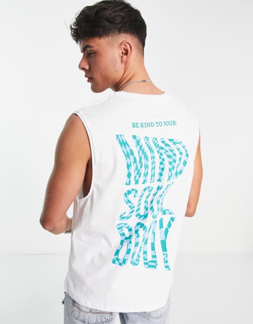Jack & Jones Originals oversized vest with mind body soul back print in white