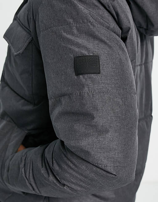 Jack & Jones Originals padded jacket with hood & pocket detail in dark gray  melange